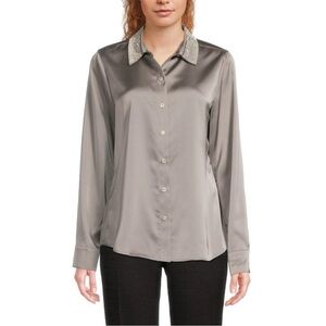 New Karl Lagerfeld Silver Satin Button Down Shirt